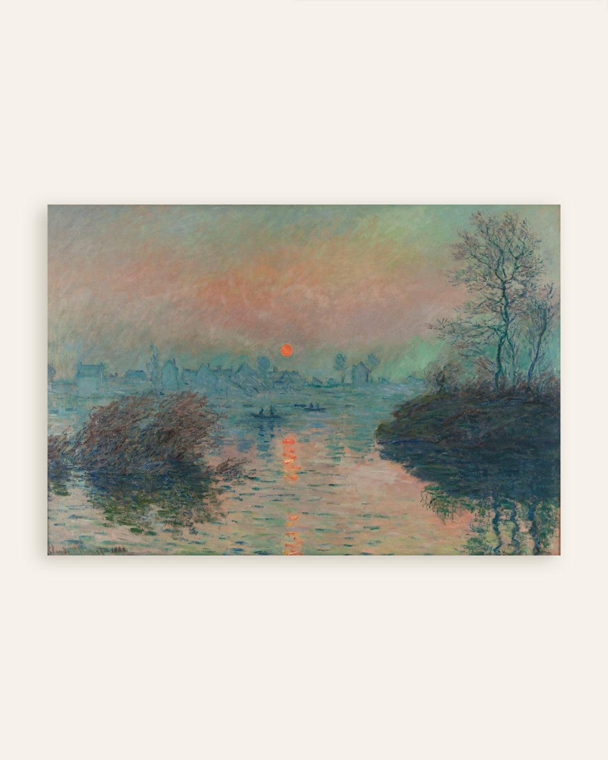 Poster Zonsondergang op de Seine bij Lavacourt, wintereffect (1880) van Claude Monet, miniatuur