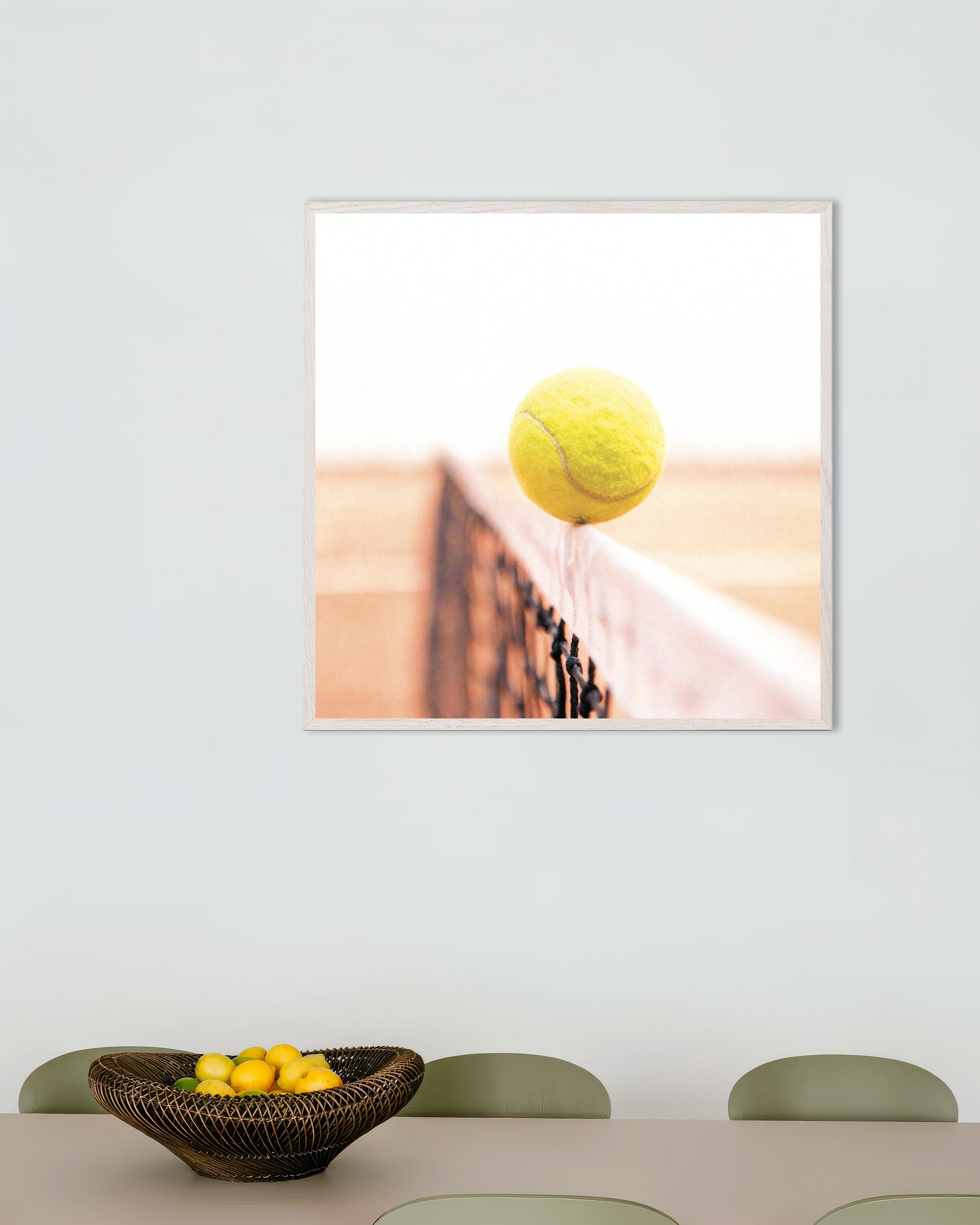 Poster of Tennis ball on net poster – minimal sports photography print, with white wooden frame