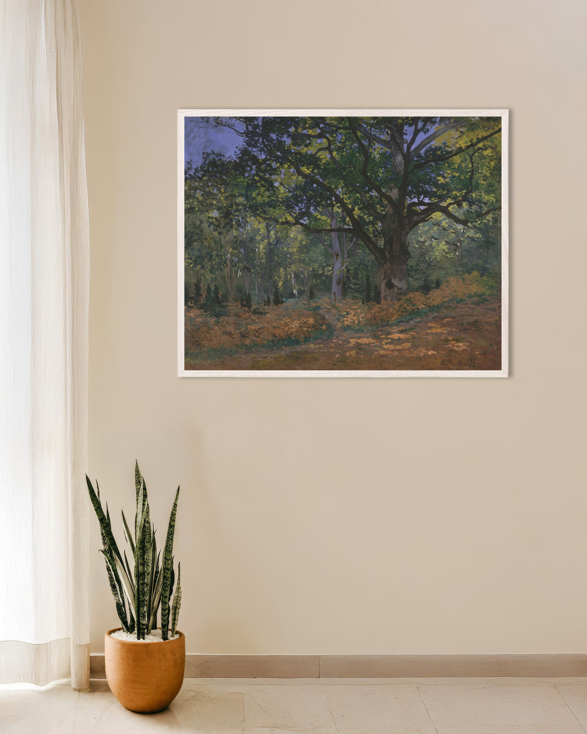 Poster De eik van Bodmer, bos van Fontainebleau (1865) van Claude Monet met witte houten lijst