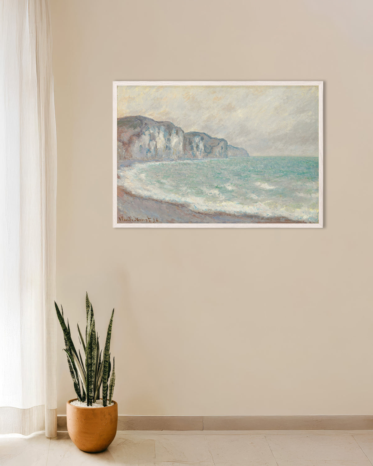 Poster De klif bij Pourville (1896) van Claude Monet met witte houten lijst