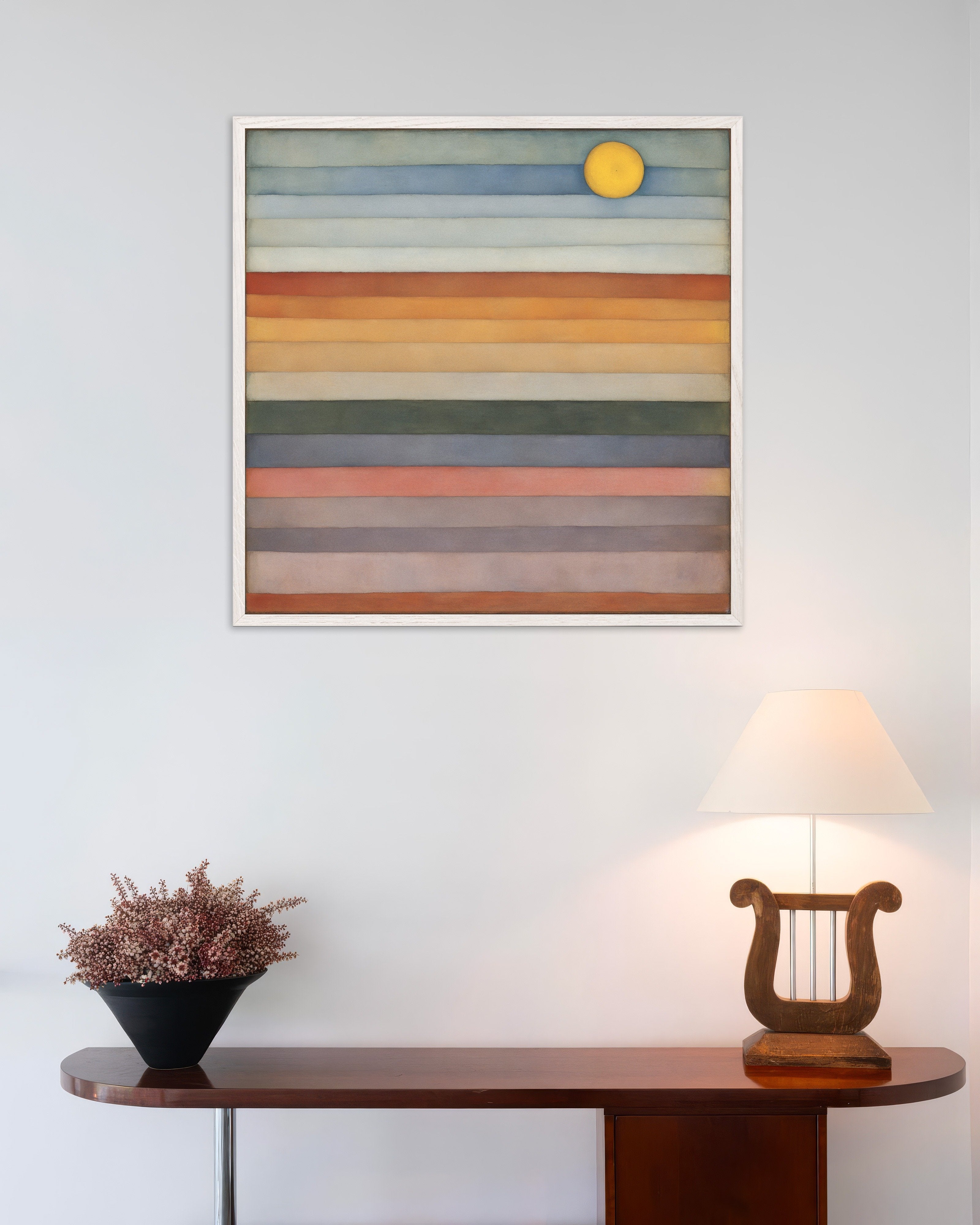 Poster of The dancing sun on the horizon Poster, with white wooden frame