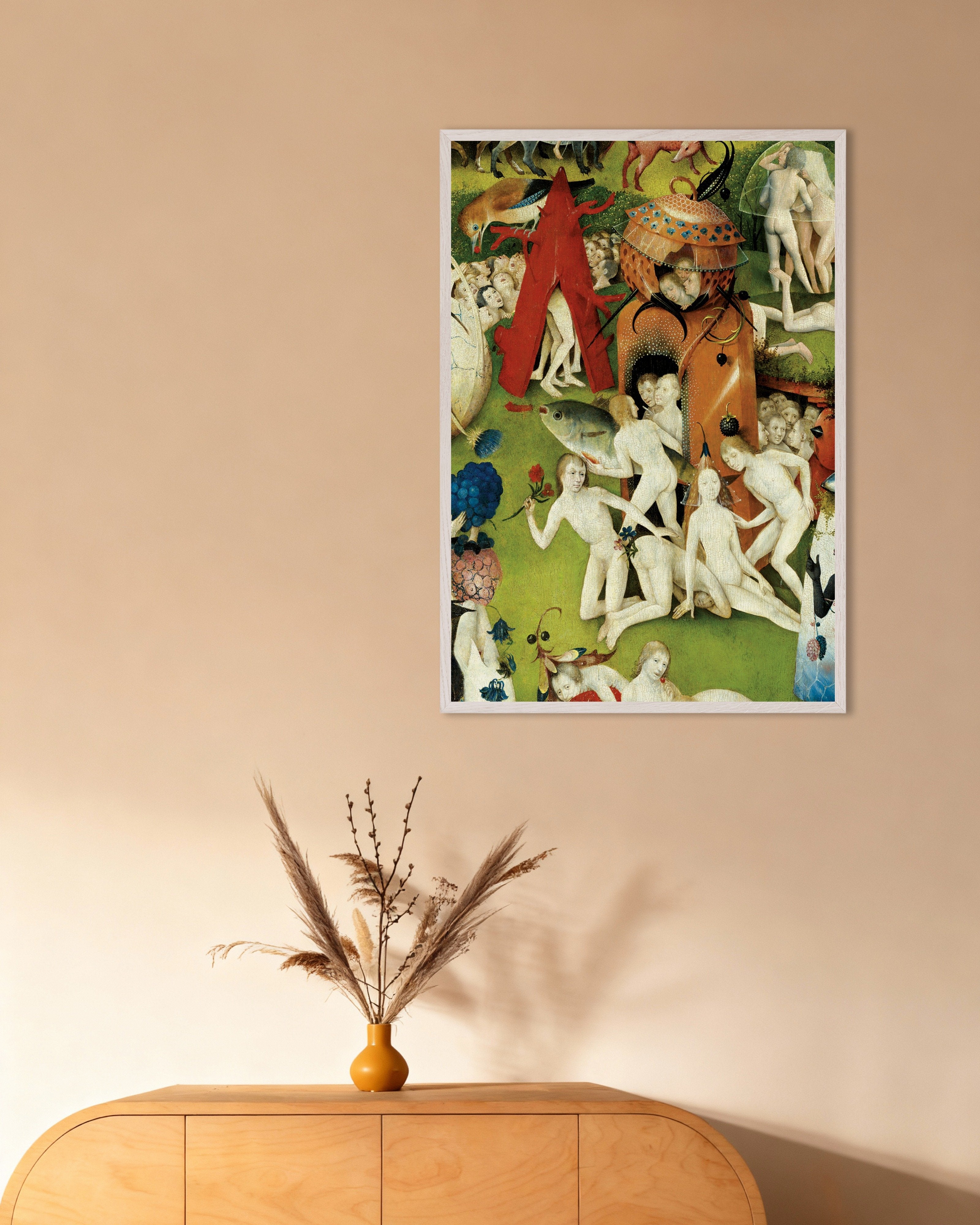 Poster of The giant fish and the orange tower - Detail from The Garden of Earthly Delights, with white wooden frame