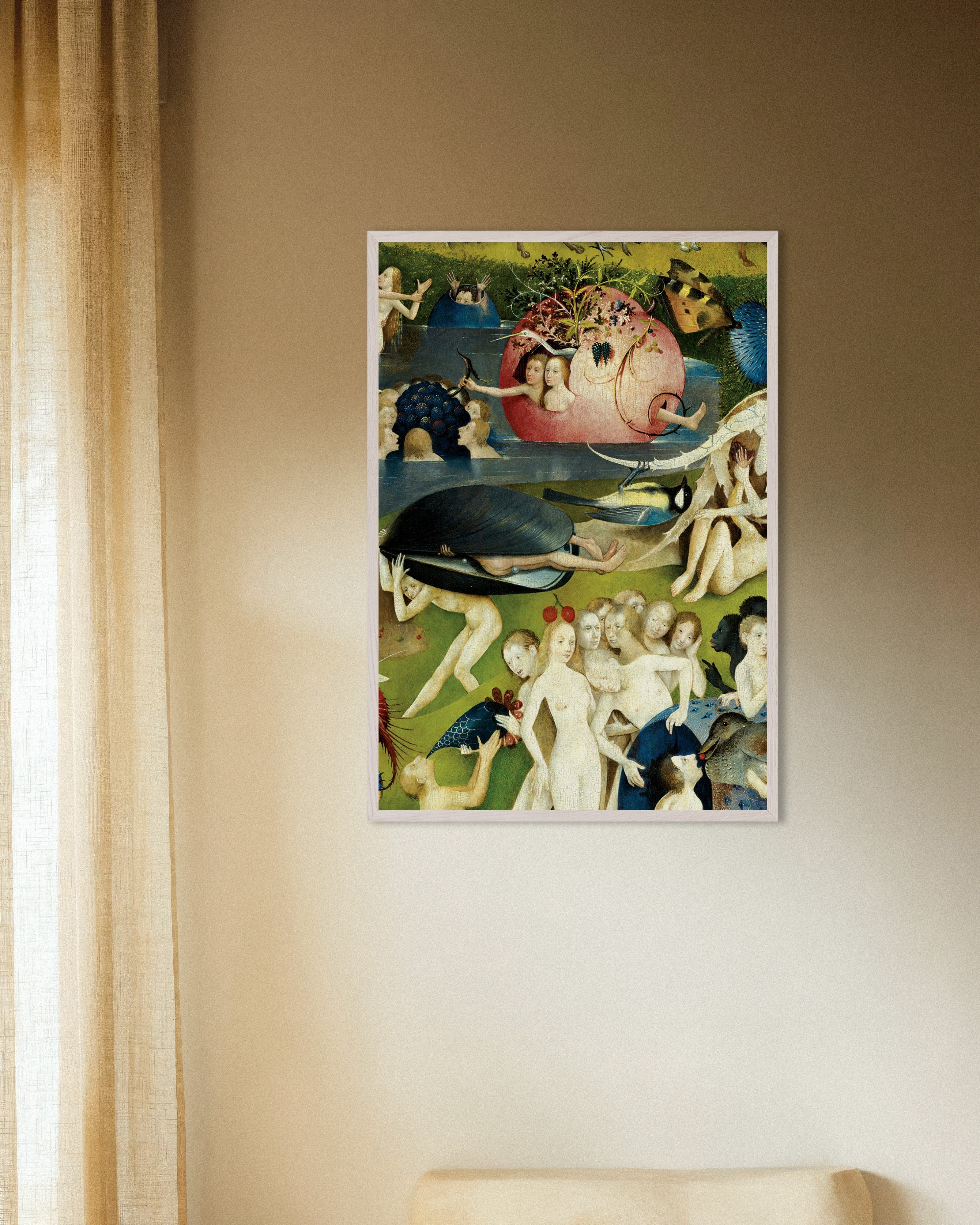 Poster of The giant mussel and blue bird - Detail from The Garden of Earthly Delights, with white wooden frame