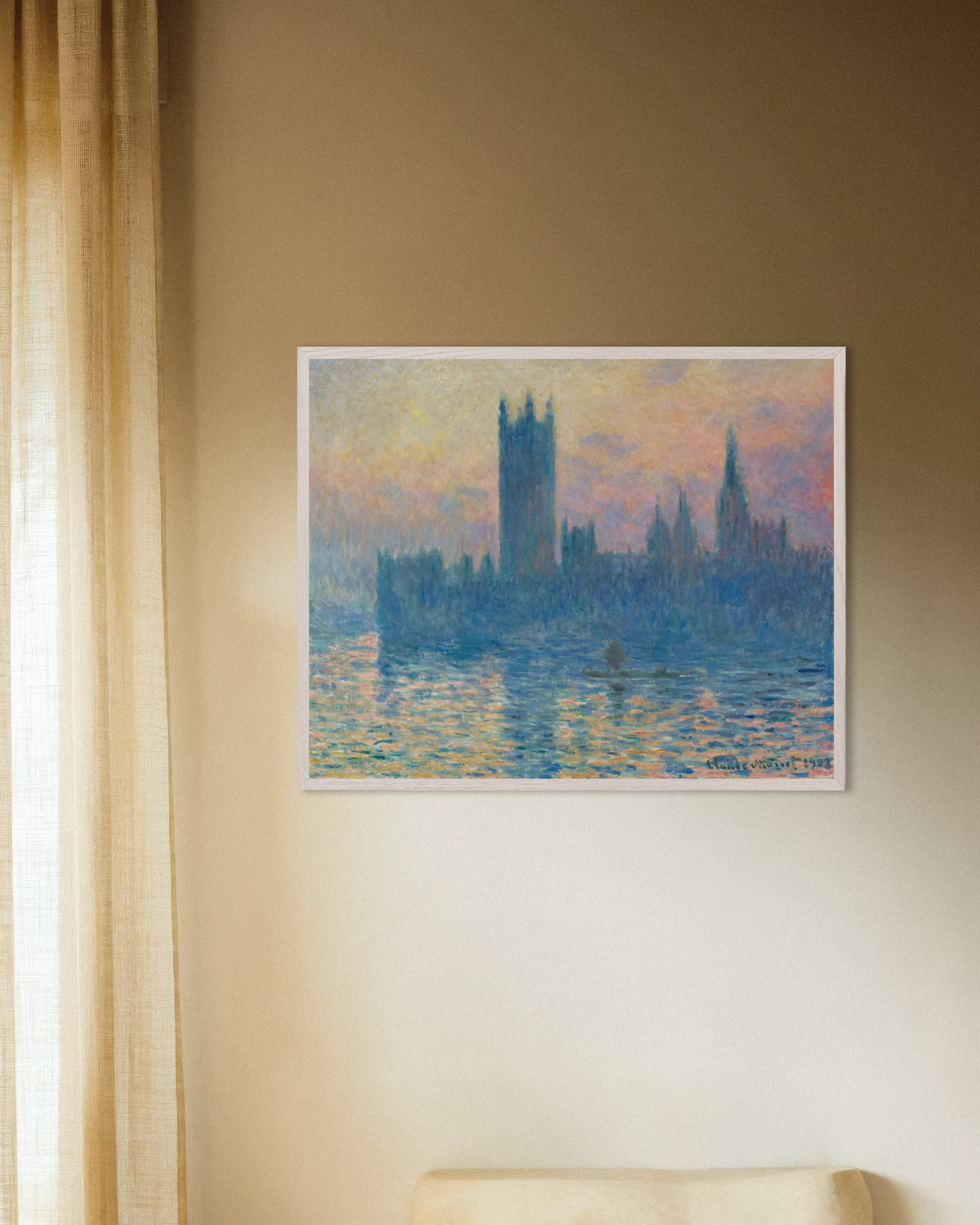 Poster Het parlement bij zonsondergang (1903) van Claude Monet met witte houten lijst