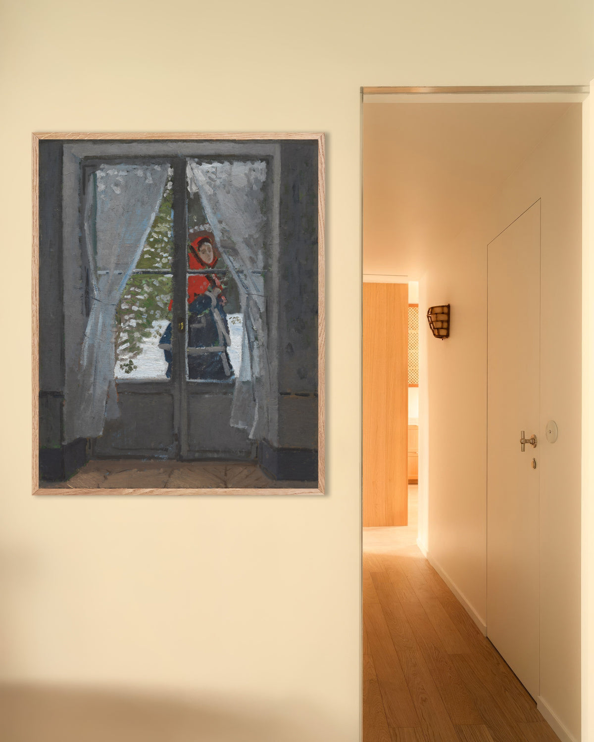 Poster De rode hoofddoek (ca. 1868–1873) van Claude Monet met naturel houten lijst