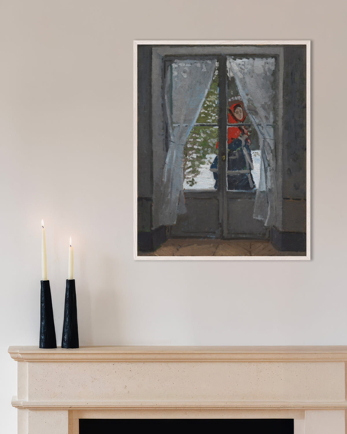 Poster De rode hoofddoek (ca. 1868–1873) van Claude Monet met witte houten lijst