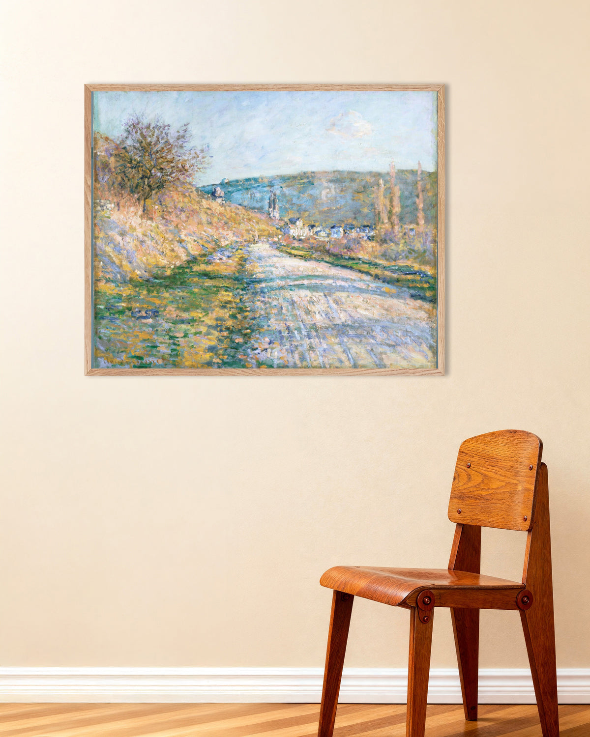 Poster De weg naar Vétheuil (1879) van Claude Monet met naturel houten lijst