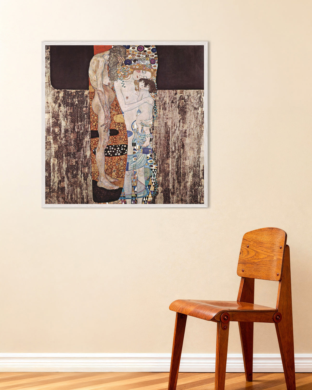 Poster De drie leeftijden van de vrouw (1905) van Gustav Klimt met witte houten lijst