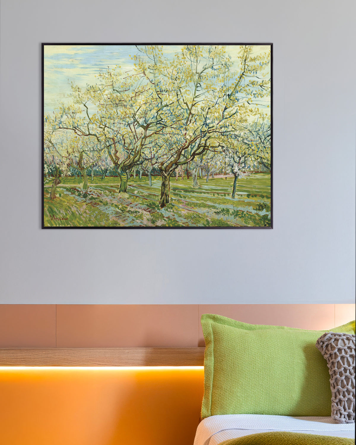 Poster van De witte boomgaard (1888) van Vincent van Gogh, met metalen lijst