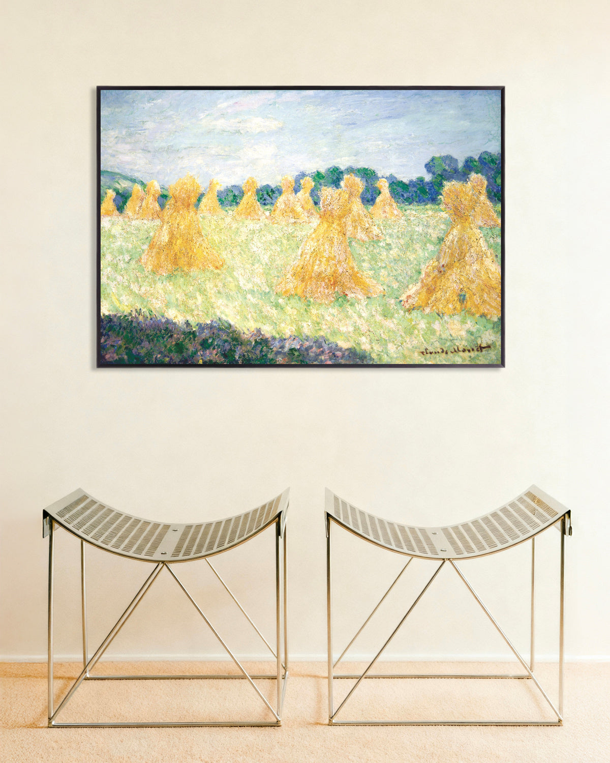 Poster De jongedames van Giverny, zoneffect (1894) van Claude Monet met metalen lijst