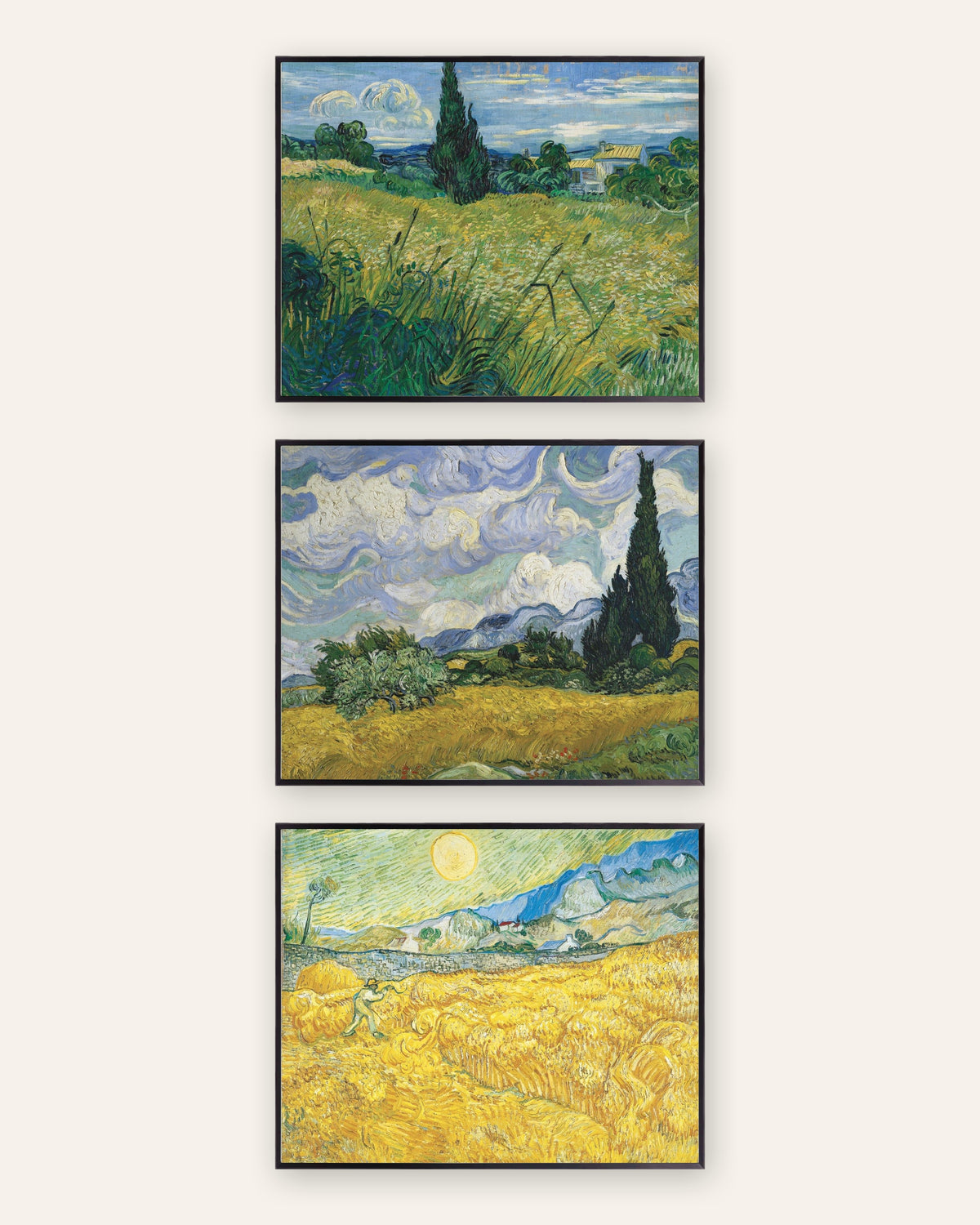 Van Gogh posters korenvelden, set van 3: cipressen en oogst, in zwarte metalen lijsten