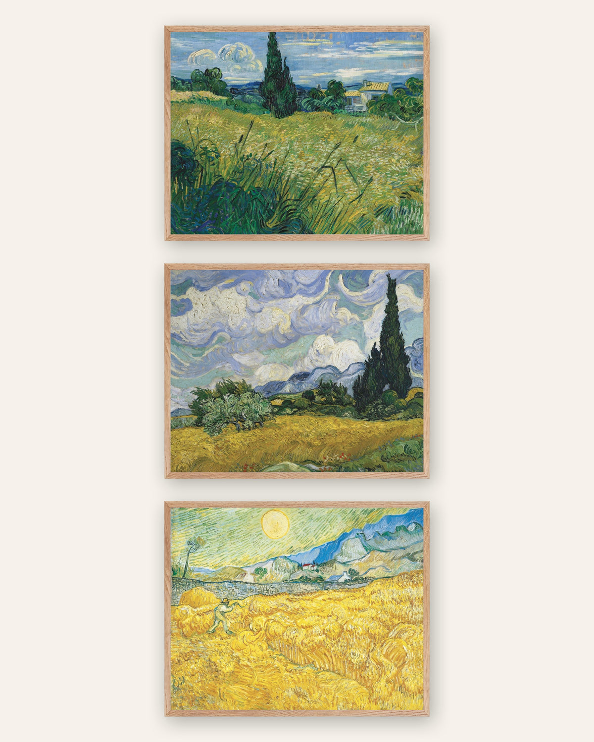 Van Gogh posters korenvelden, set van 3: cipressen en oogst, in naturel eikenhouten lijsten