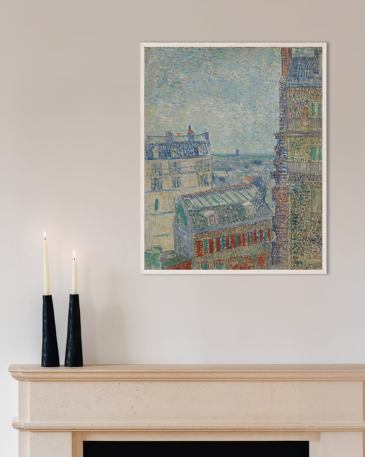 Poster van Uitzicht vanuit het appartement van Theo (1887) van Vincent van Gogh, met witte houten lijst