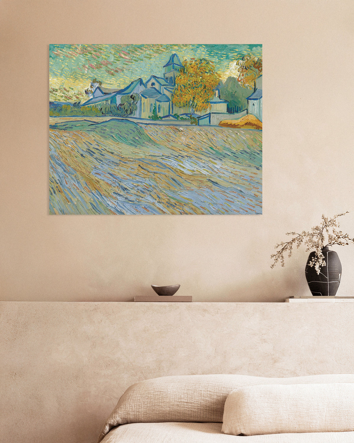 Poster van Uitzicht op het gesticht en de kapel in Saint-Rémy (1889) van Vincent van Gogh