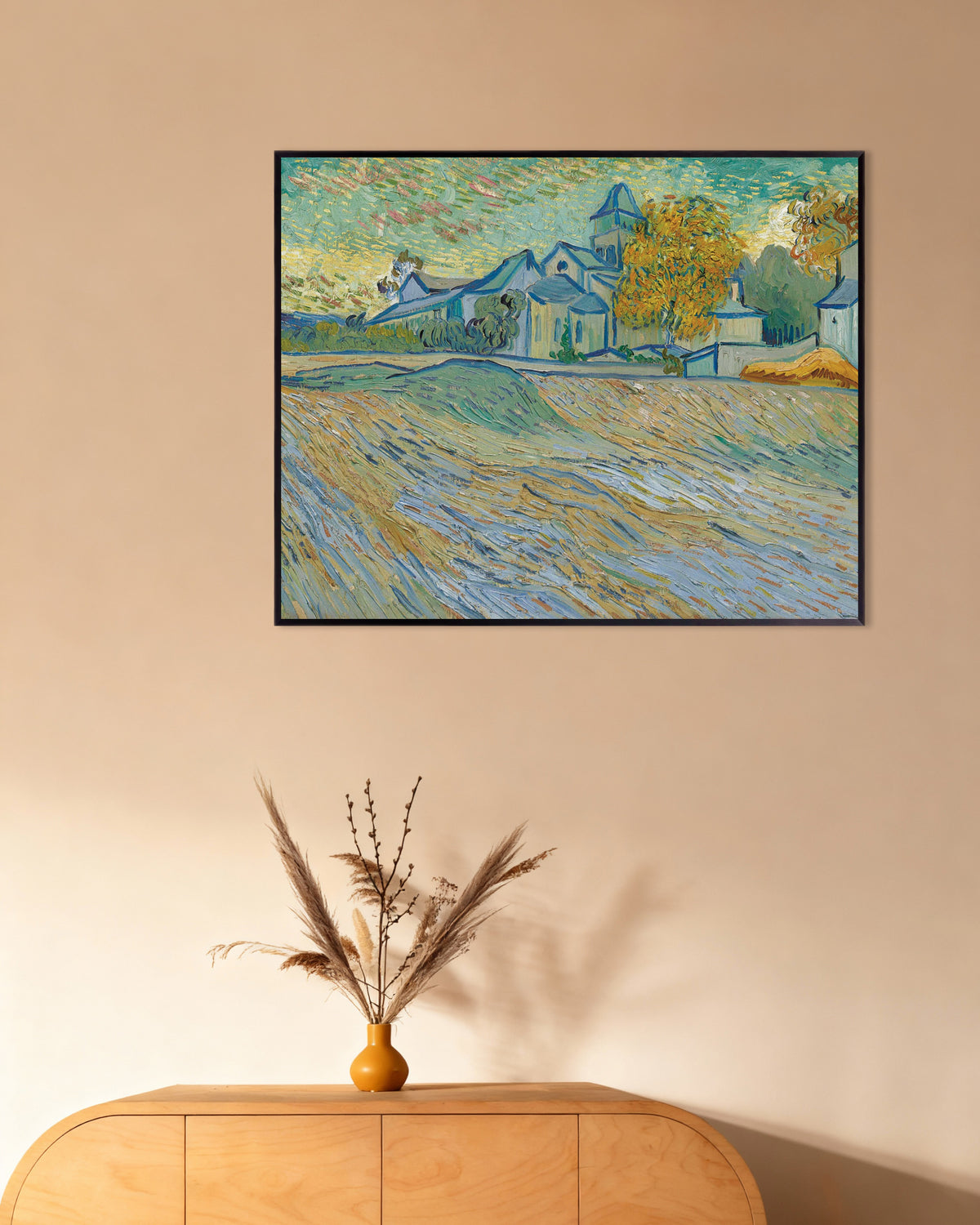 Poster van Uitzicht op het gesticht en de kapel in Saint-Rémy (1889) van Vincent van Gogh, met metalen lijst