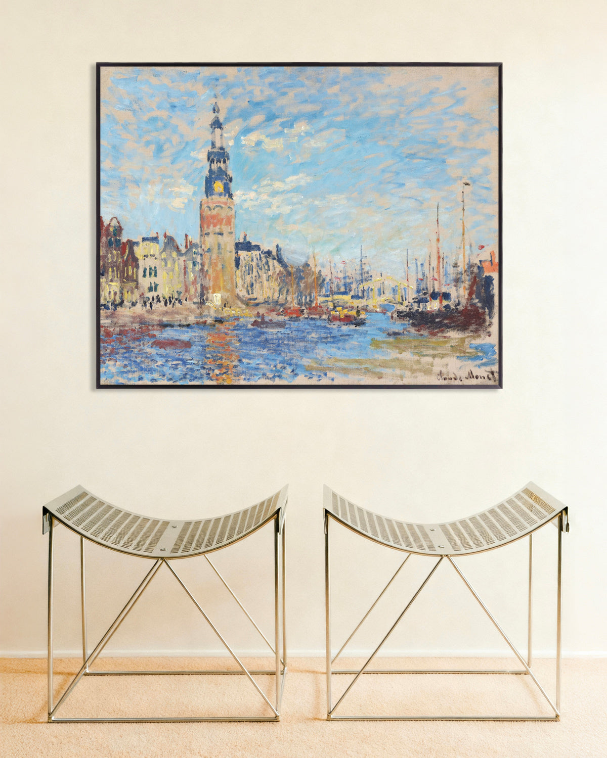 Affiche Vue de la tour Montelbaan, Amsterdam (1874) de Claude Monet, avec un cadre en métal