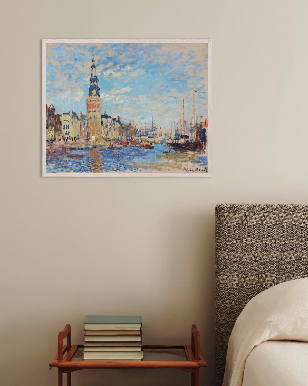 Affiche Vue de la tour Montelbaan, Amsterdam (1874) de Claude Monet, avec un cadre en bois blanc