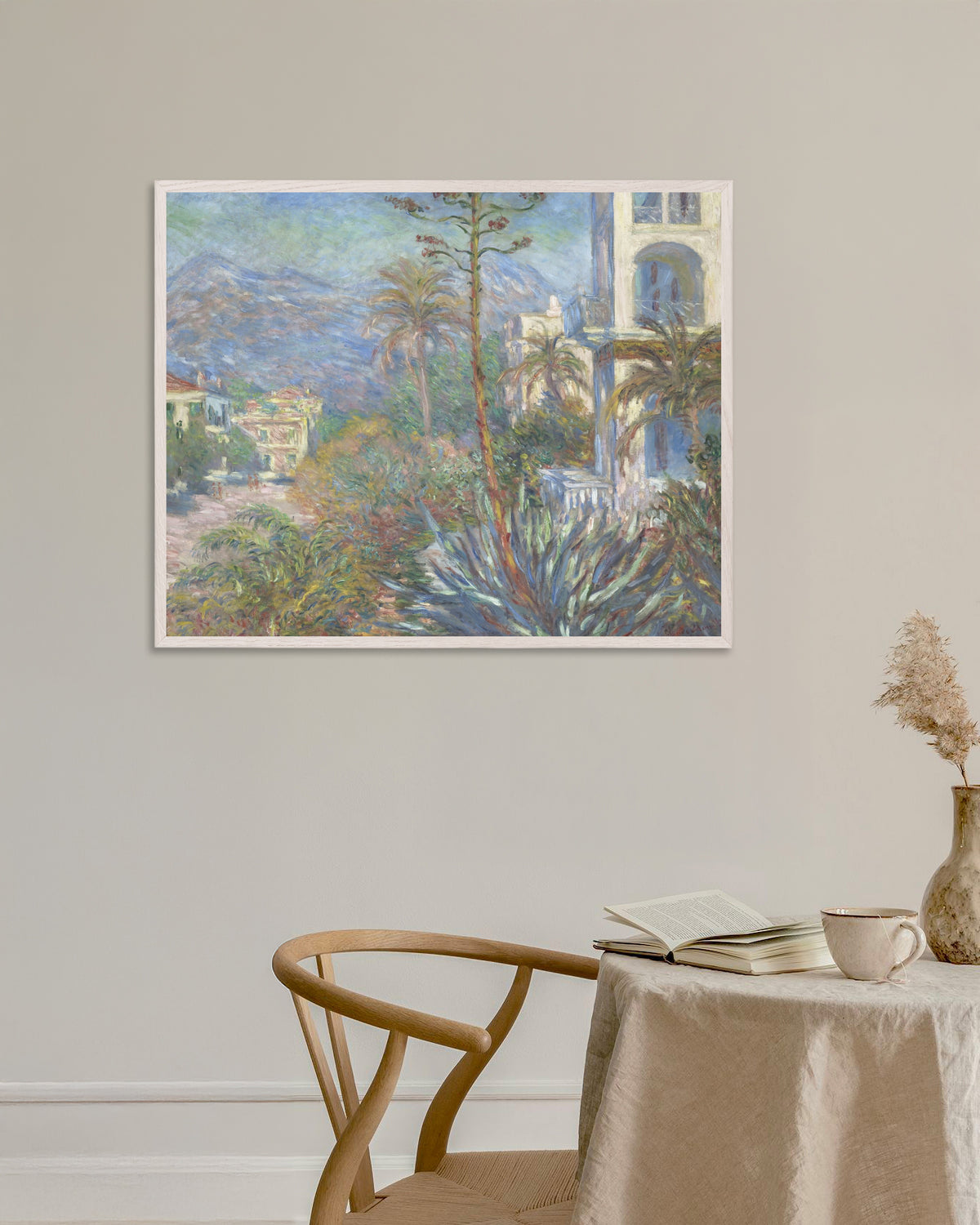 Affiche Les Villas à Bordighera (1884) de Claude Monet, avec un cadre en bois blanc
