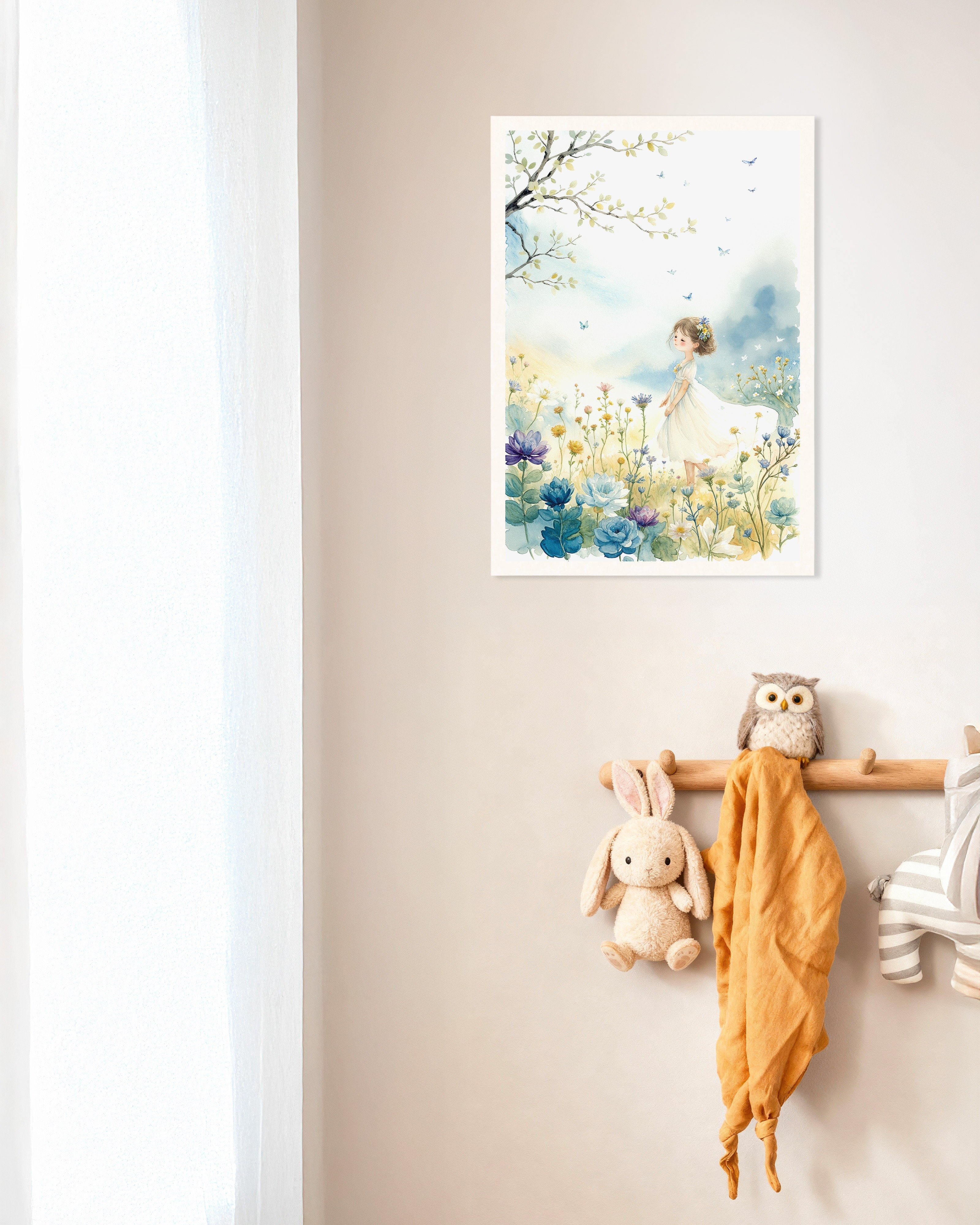 Poster of Watercolor painting, young girl and flowers - Poster