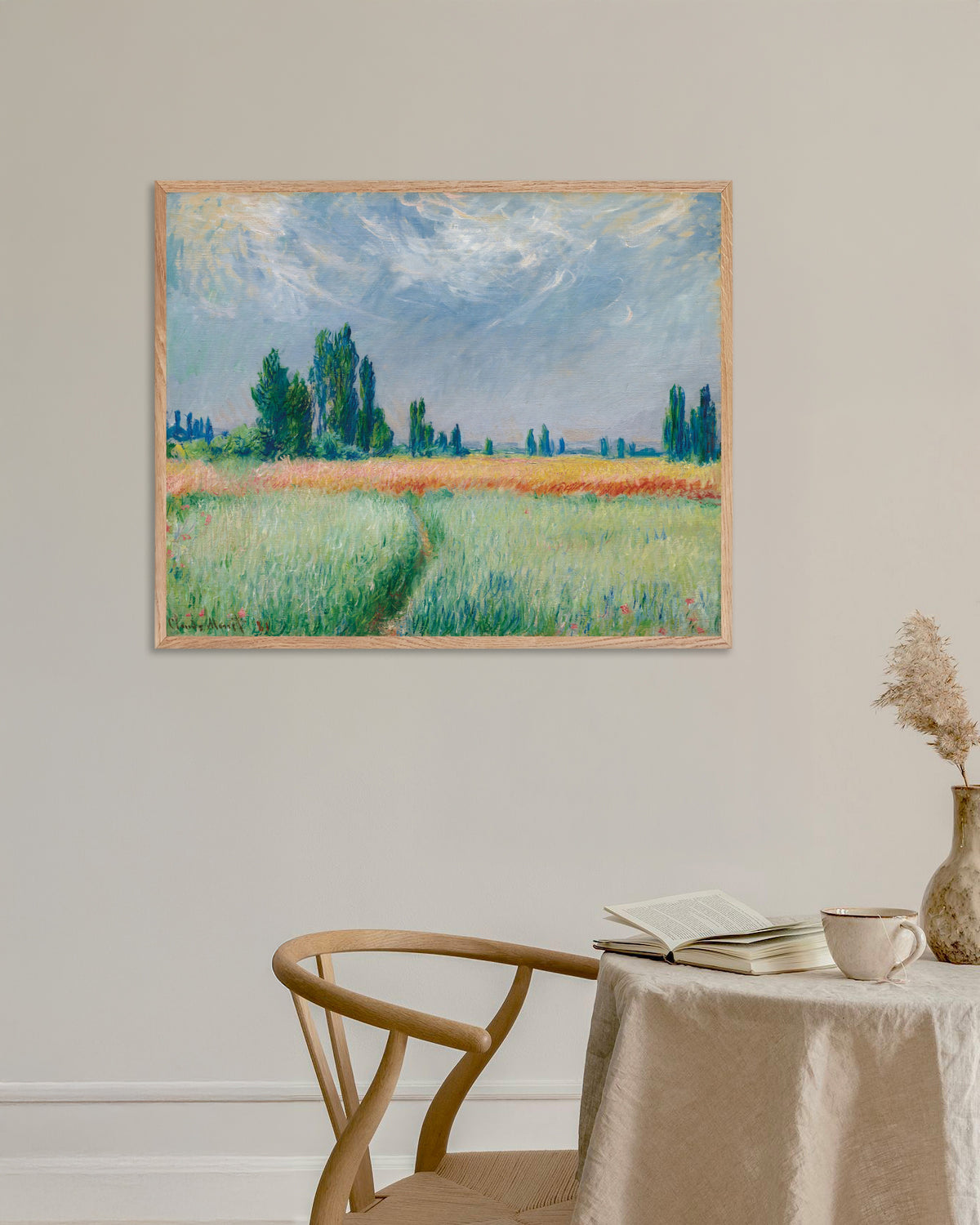 Affiche Champ de blé (1881) de Claude Monet, avec un cadre en bois naturel