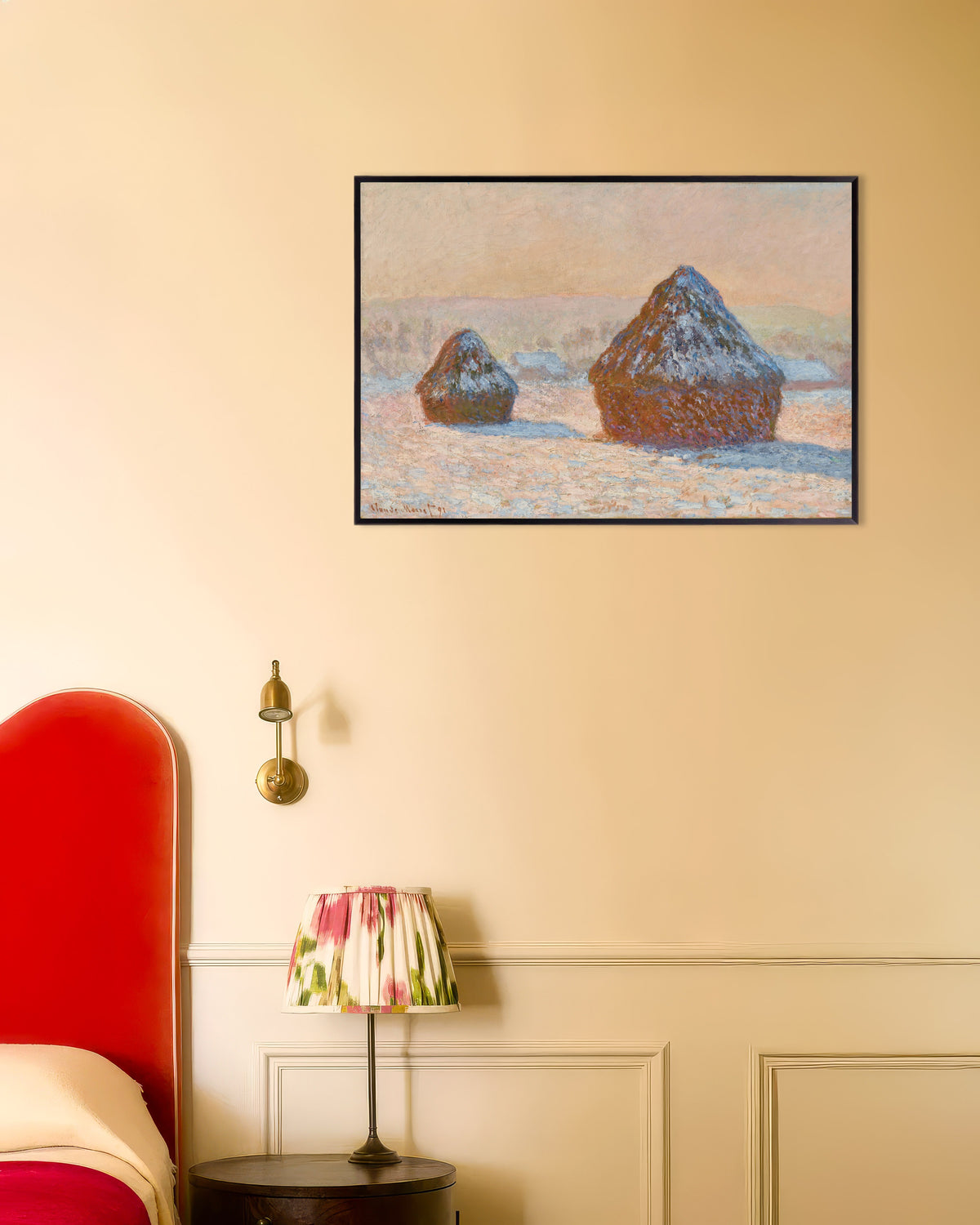 Poster Graanschelven, sneeuweffect, ochtend (1891) van Claude Monet met metalen lijst