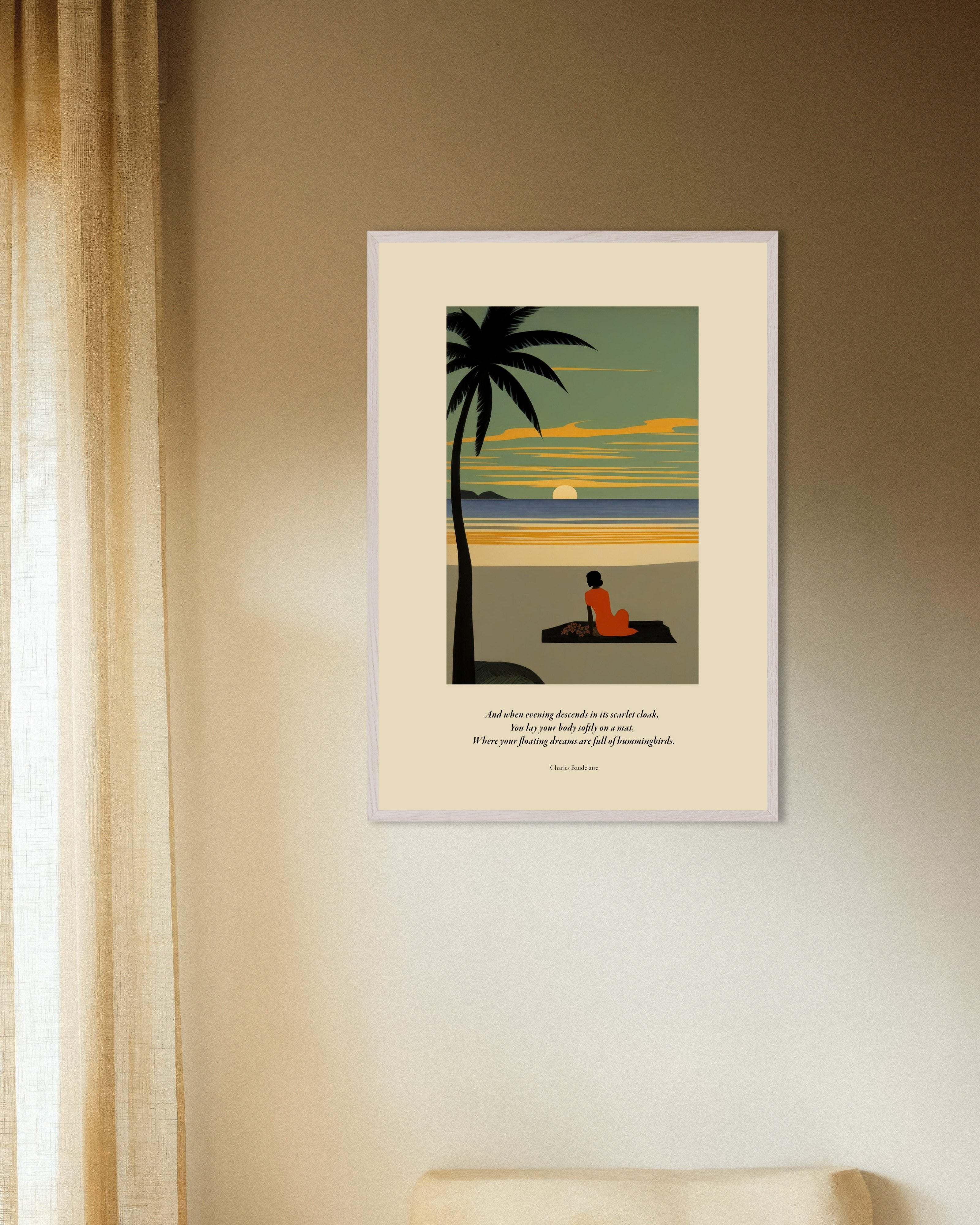Poster of When evening descends in its scarlet cloak, Baudelaire, with white wooden frame