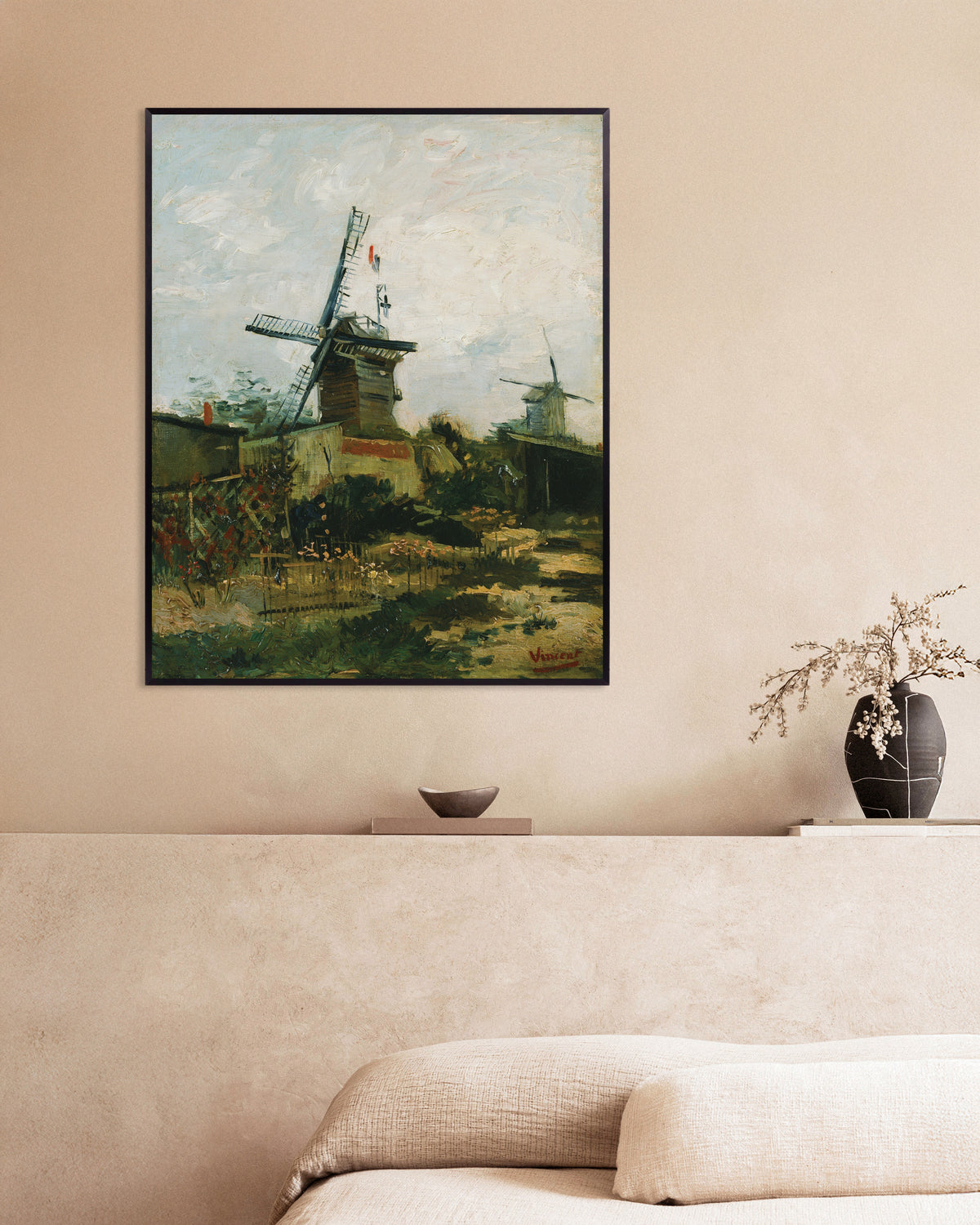 Poster van Molens op Montmartre (1886) van Vincent van Gogh, met metalen lijst