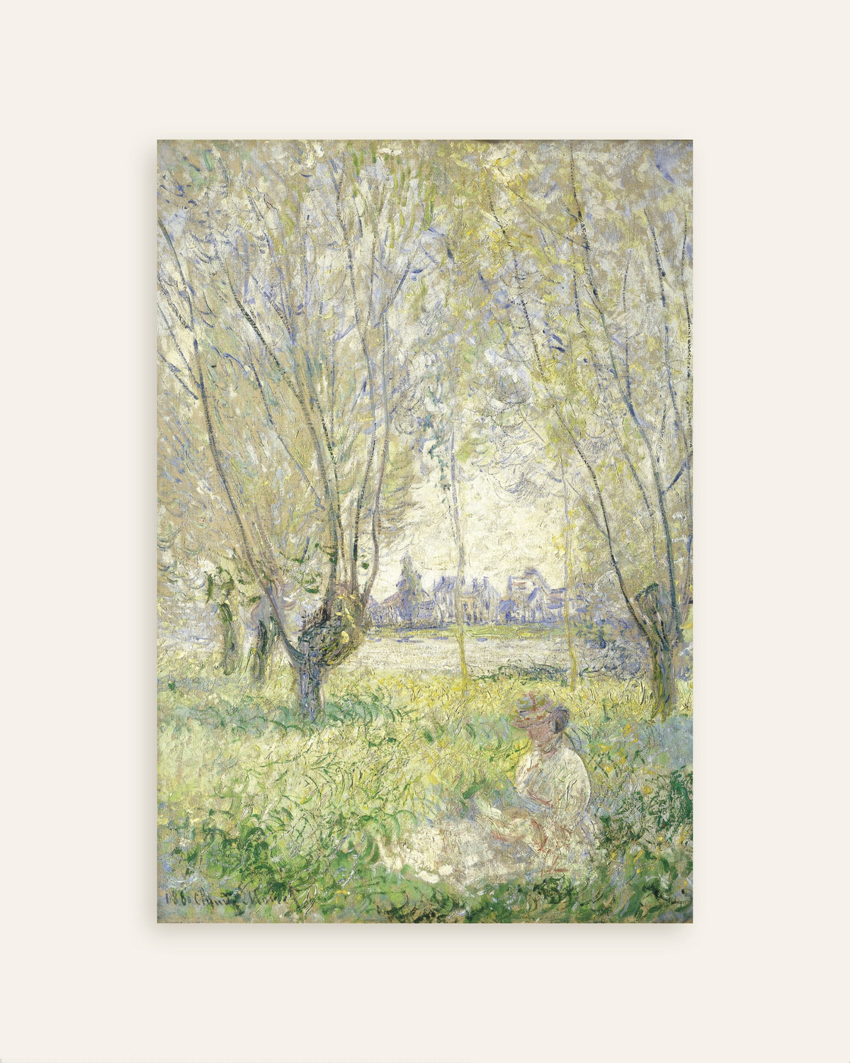 Poster Vrouw zittend onder de wilgen (1880) van Claude Monet, miniatuur