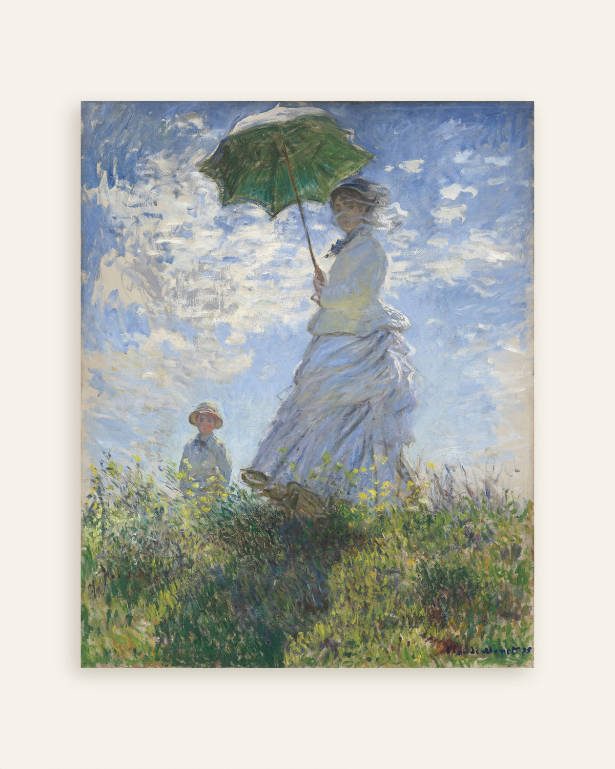 Poster Vrouw met parasol, Madame Monet en haar zoon (1875) van Claude Monet, miniatuur